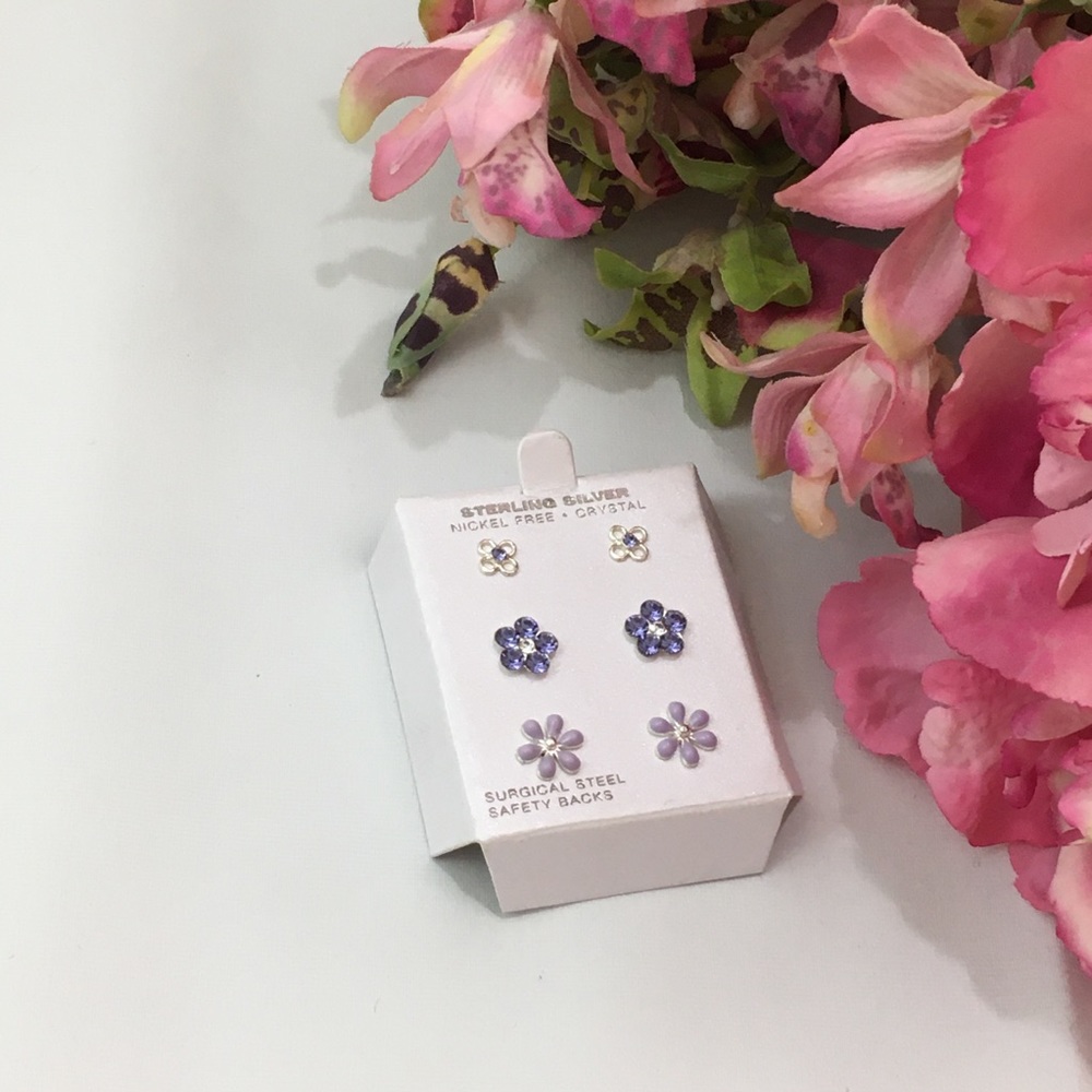 3 pairs Sterling Silver Nickel-Free Hypo Allergenic Dainty Flower Earrings Set